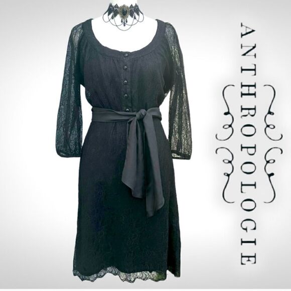 MAEVE ANTHROPOLOGIE Little Black Lace Holiday Party Shift Dress 3/4 Sleeves 6 - Picture 1 of 7